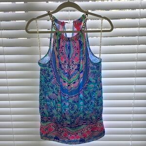 Lilly Pulitzer Blue and Pink Sleeveless Halter Top with Chain Straps